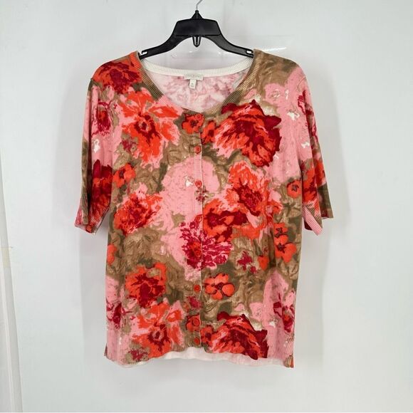 Talbots S/S Button Front Crew Neck Red and Pink Floral Print Lightweight Sweater - Picture 1 of 7